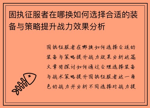 固执征服者在哪换如何选择合适的装备与策略提升战力效果分析